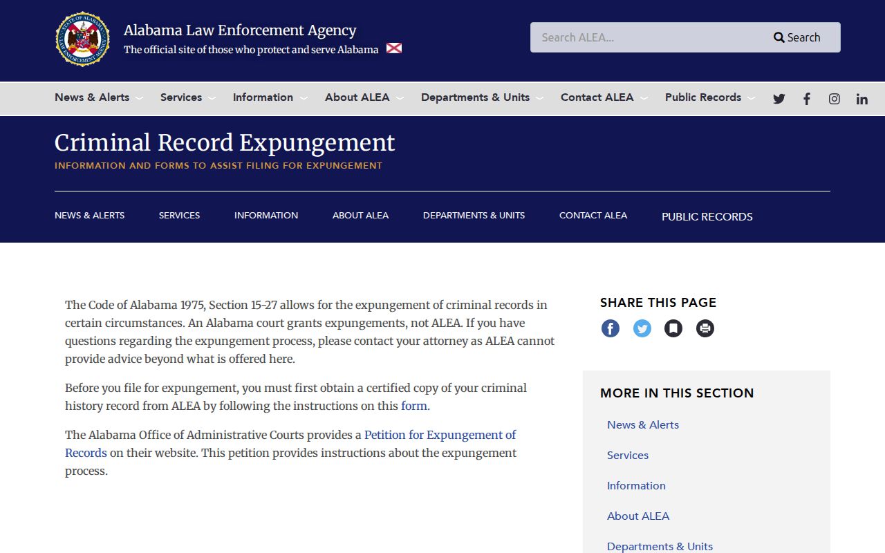 Crenshaw County criminal record expungement starting point at ALEA