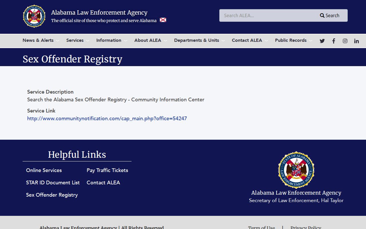 Crenshaw County sex offender lookup ALEA registry unit entry